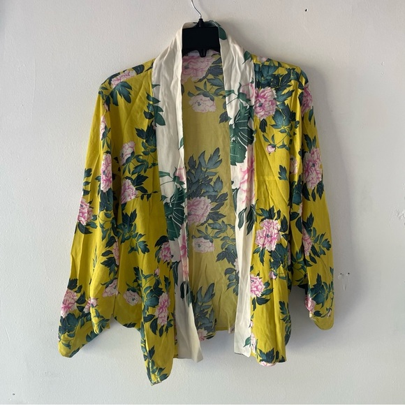 Anthropologie Elma Yellow Pink Floral Open Front Boho Kimono Top 37757 - Picture 2 of 9